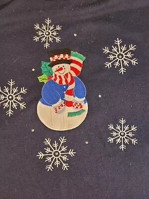 Quacker Factory Women's Small Snowman Christmas Holiday Bling Navy T-Shirt • $18.50