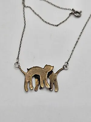 Vintage Sterling Silver Brass Kitty Cats Love Reversable Pendant Necklace • $49