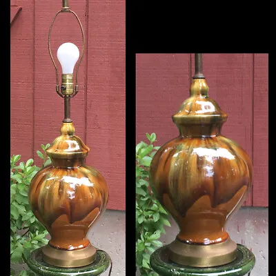 Mid Century Ceramic Caramel Green Brown Drip Ginger Jar Table Lamp Royal Haeger • $110