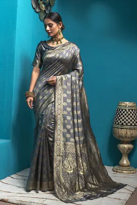 $57 • Buy Indian Women Grey Banarasi Silk Saree With Blouse Designer Wedding Wear Saree