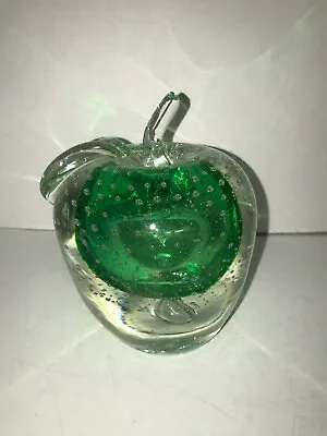 Murano Style Green Apple Art Glass Heavy Bubble Paperweight • $24