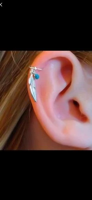 $12 • Buy Sterling Silver Boho Style Helix Hoop W,/ Dipped Feathers And Turquoise Bead