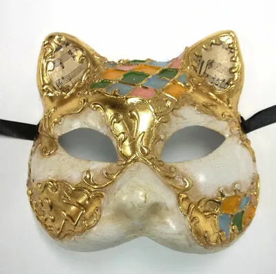 Venetian Cat Antique White Paper Mache Masquerade Mask Music Green Pink Blue  • $12.99