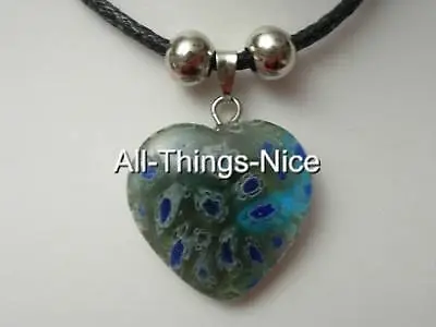 MILLEFIORI Murano Flower Glass 20mm HEART Blue Grey Pendant Necklace Jewellery • £2