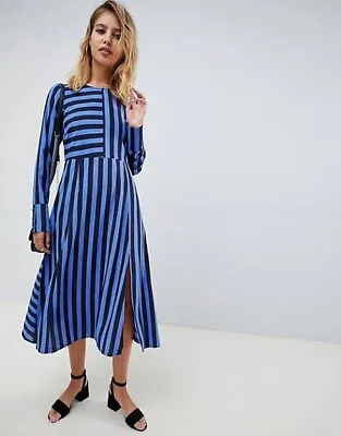 $25 • Buy ASOS DESIGN Blue Midi Dress In Cut About Stripe With Long Sleeves Size 16