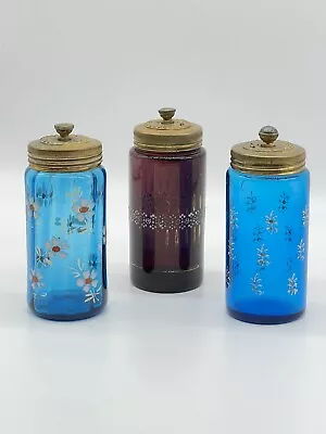 Lot Of (3)  Vintage Handpainted Shaker/Dispenser Lidded Glass Jars 4” • $100