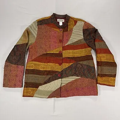 Orvis Women's L 100% WOOL Boho Jacket Tapestry Patchwork Button Up Mandarin • $52.19