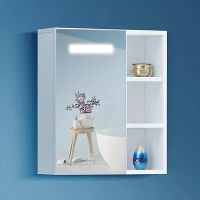 White Bathroom Cabinet Wall Mounted Mirrored LED Door Storage Cupboard W/ Shelf • £36.99