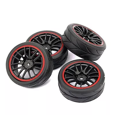 4pcs 1:10 Scale 52mm RC Car Upgrade Wheels With DRY Grip Tyres - Black&Red UK • £11.49