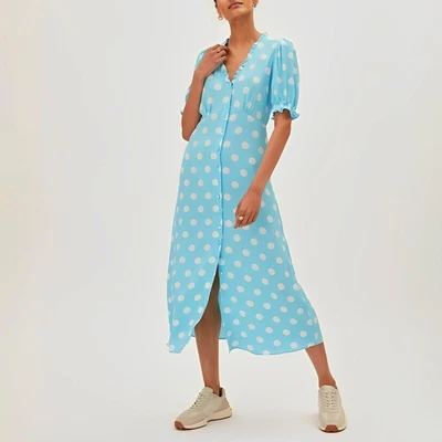 £23.99 • Buy Marks Spencer Turquoise Spot Midi Dress V Neck Button Down Front Short Sleeve