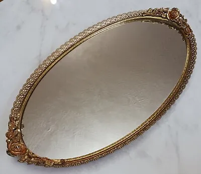 Vintage 1950's Matson Gold Filigree Pink Roses Vanity Tray Signed 16  Oval • $45