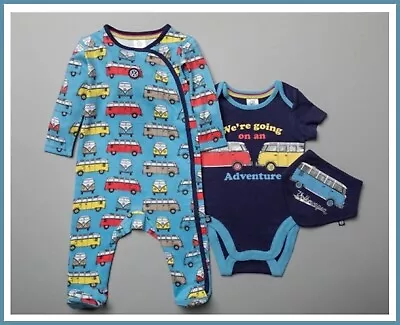 Baby Boys 3 Piece Starter Set Blue VW Volkswagen Campervan Babygrow 0-9 Mths NEW • £16.99