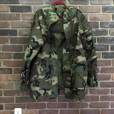 Military Parka Jacket Cold Weather Long Woodland Camo Hooded Lined Army -large • $94.99