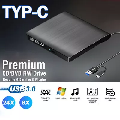 USB 3.0 CD/DVD Drive RW Type C Burner Player For PC Windows 11 Laptop Rewriter • $19.49