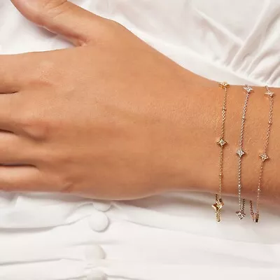 Diamond Star Station Bracelet Real 14K Solid Gold Ball Bead Chain Bracelet Women • $581.60