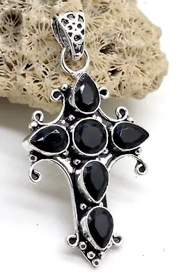 925 Sterling Silver Black Spinel Gemstone Handmade Jewelry Cross Pendant Size-2 • $14.53