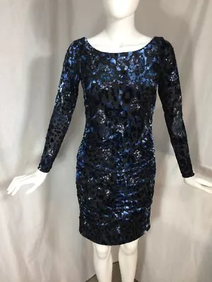 Aidan Mattox Sequin Burnout Velvet Blue Animal Print Ruched Dress Sz 2 • $40