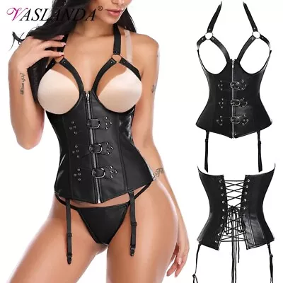 £9.79 • Buy Women's Underbust Cupless Buckle Zipper Lace Up Faux Leather Black Corset Garter