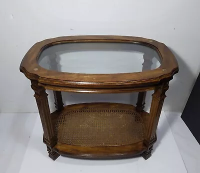 Vintage 2-Tier Oval Glass Wood Woven Cane End Table Mid Century Neoclassical • $171