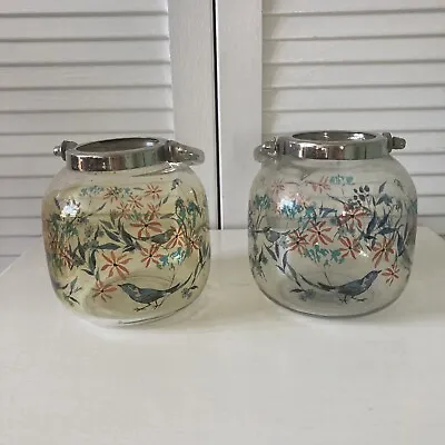Vintage Hand Painted Tea Light Candle Holder Glass Pair Birds Flowers Glass • £15.99