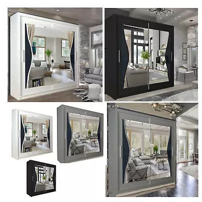 Modern Bedroom Double Mirror Sliding Door Wardrobe 3 Colors 4 Sizes-  EAGLE • £359.99