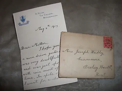 Marlborough College. 1913 Schoolboy Letter Home. Hand Written. Envelope • £8