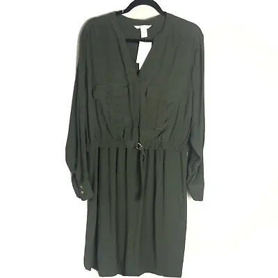 NWT H&M Maternity Long Sleeve Army Green Dress Layered Look Size XL Gold Accents • $23.85