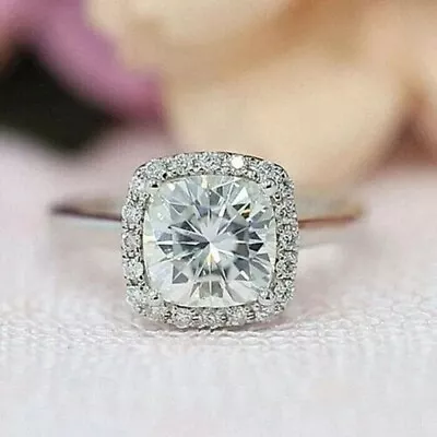 VVS1 Cushion Cut Moissanite 3 CT Halo Engagement Ring Gift 14K White Gold Plated • $121.43