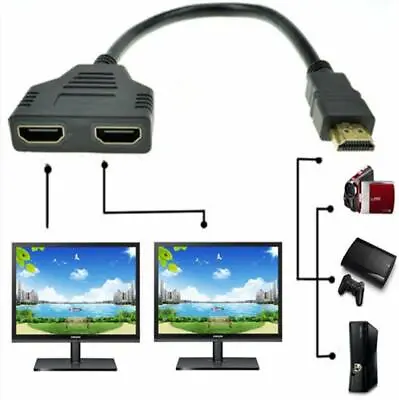 HDMI Splitter Adapter Cable 1 Input 2 Output For Office Monitor Pc Laptop 1080p • £4.49