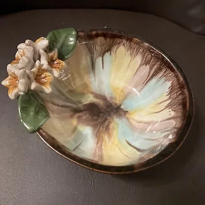 Vintage Hand Made In Austria Drip Glaze Majolica Pottery Bowl Dish White Flowers • $19.99