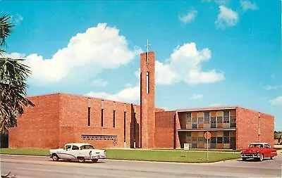 McAllen Texas~First Christian Church~North 10th St~NICE Red 1950s Cars~Postcard • $6