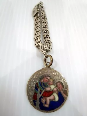 Vtg Sterling Mexico FVA Heavy Curb Link Bracelet W/ Madonna Of The Chair Charm • $14.99