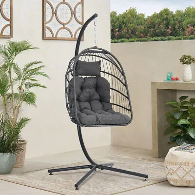 Large Egg Hang Swing Chair Cocoon With Cushion Folding Rattan Style Hammock Pod • £149.95