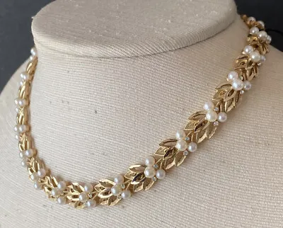 Nwt Mint Vintage Crown Trifari Necklace Faux Pearl Crystal Leaf Original Tag • $187.46