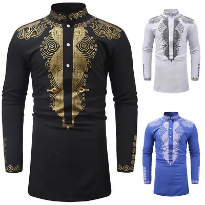 Men's Slim Fit Traditional African Luxury Metallic Gold Printed Dashiki Shirt UK • £20.39