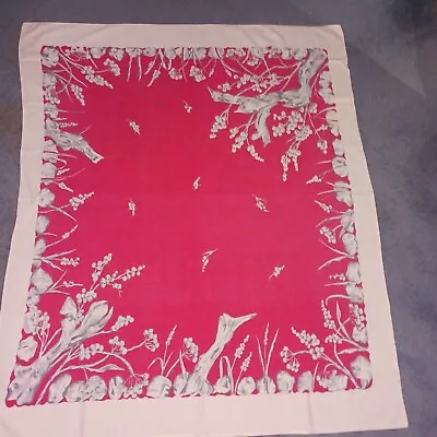  Vintage 50s-60s MCM Kitschy Cotton Print Floral Red  Tablecloth 44 X52  • $18