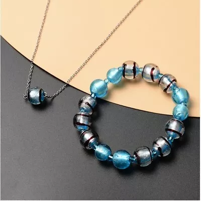 2 Piece Set Blue Murano Glass Necklace & Stretchable Bracelet In Stainless Steel • £12.99