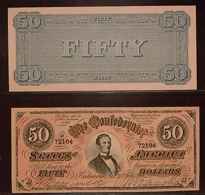 Confederate State Of American $50 Dollar Bill Paper Money (1960's REPRODUCTIONS) • $2.95