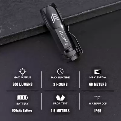 KunHe 300 LM. Mini 3-Mode Pocket LED Flashlight USB Rechargeable With CHG. Cable • $4.07