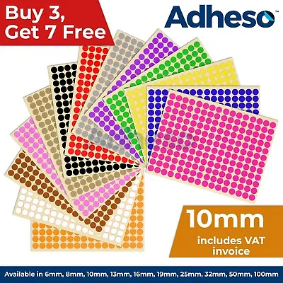 Adheso 10mm Coloured Dot Stickers Round Sticky Dots Adhesive Circles Labels • £0.99
