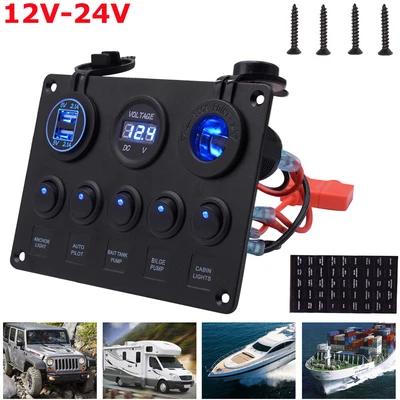 $24.92 • Buy 5 Gang Blue LED Rocker Switch Panel Circuit Breaker Dual USB Charger Car Marine