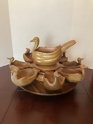 Lazy Susan Monkey Pod Wood Ducks Salad & Charcuterie  Board HUGE Hand Carved VTG • $69.95