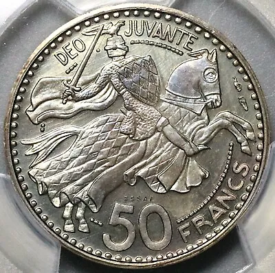 1950 PCGS SP 64 Monaco Piedfort Essai 50 Francs Rainier Silver Coin (22091301C) • $595