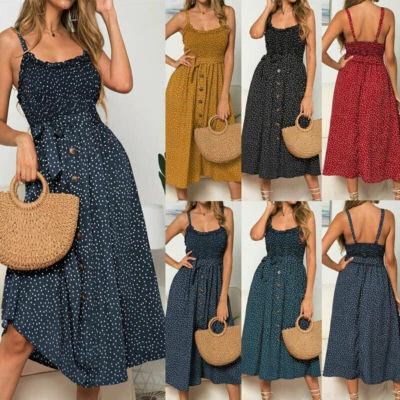 £9.89 • Buy UK Womens Summer Beach Boho Cami Dress Ladies Strappy Polka Dot Ruffle Sundress