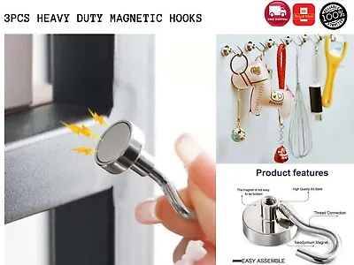 PACK OF 3 Heavy Duty Magnetic Hooks Hanger Hold Neodymium Strong Magnet Set 12MM • £3.45