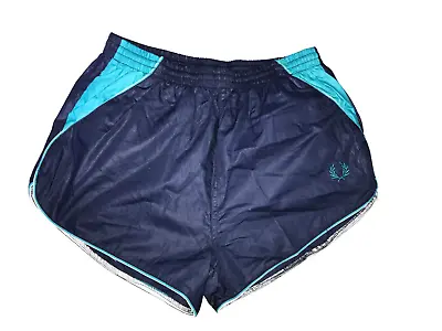 80s Vintage Navy Blue Turquoise Fred Perry Running Shorts Size S S185 • £40