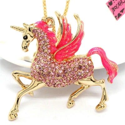 $3.95 • Buy New Pink Enamel Pegasus Unicorn Crystal Pendant Fashion Women Chain Necklace 