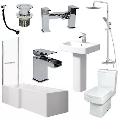 Bathroom Suite L Shape LH/RH Bath Screen & Rail Basin Pedestal WC Shower Tap Set • £730