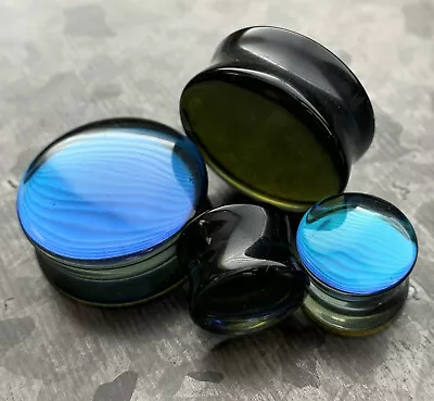 PAIR Midnight Moonstone Iridescent Glass Double Flare Plugs Gauges Body Jewelry  • $13.95