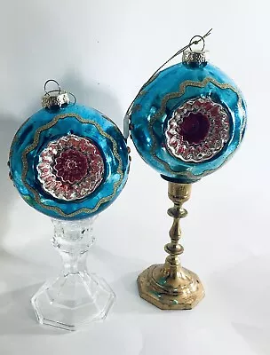 2 Mark Roberts Classic Teal & Pink Glass Reflector Christmas Ornaments 4” • $17.99